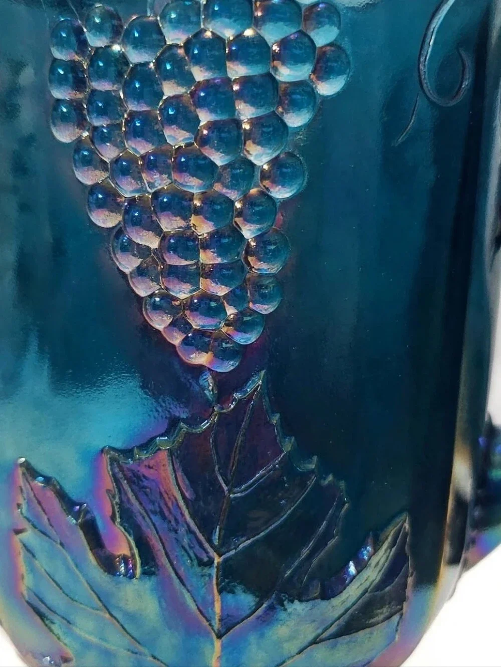 Vintage Indiana Glass Blue Carnival Glass - Harvest Grape Pitcher + 6 Tumblers -